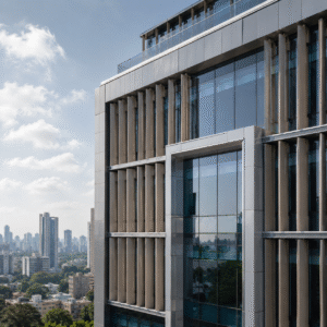 Modern commercial building facade by a building facade manufacturer in Mumbai with glass panels, ACP cladding, and vertical sun shading fins.